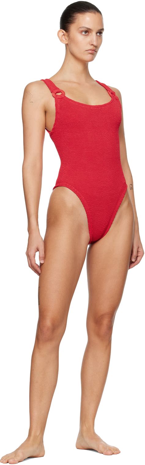 Hunza G Red Tonal Hoops Domino Swimsuit Hunza G