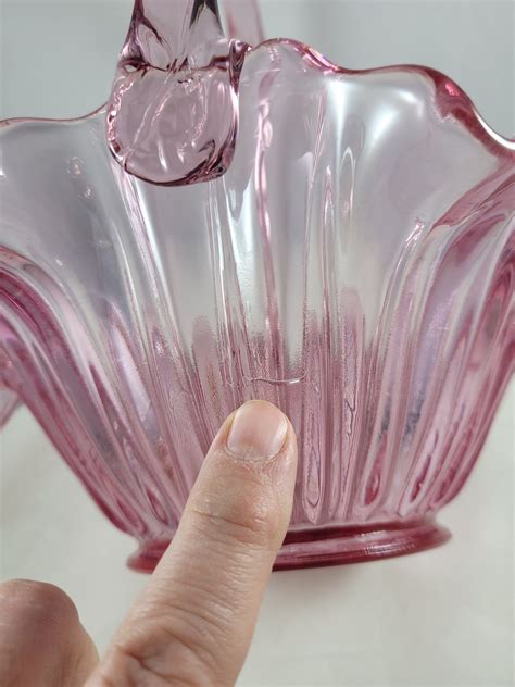 FENTON ART Glass Rose Colored Open Basket With Handle, Ruffled Edges