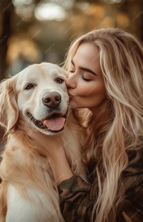 Premium Photo | Young woman with long blonde hair kisses golden retriever dog in summer park