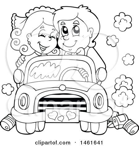 Clipart of a Black and White Wedding Couple Driving in a Car - Royalty ...