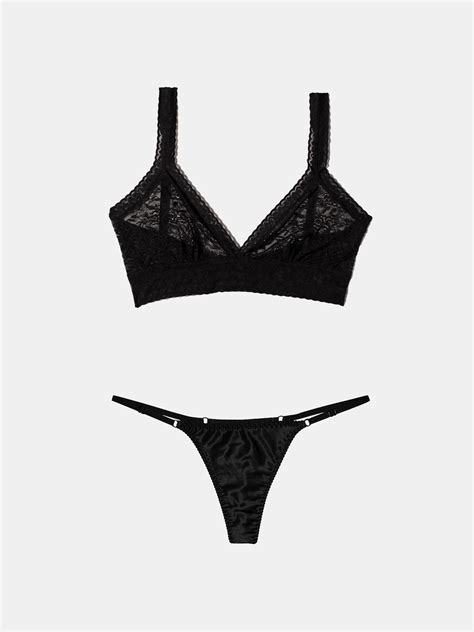 Silk G String + Lace Bralette Liquorice - Lace Lingerie | Lace Laboratory