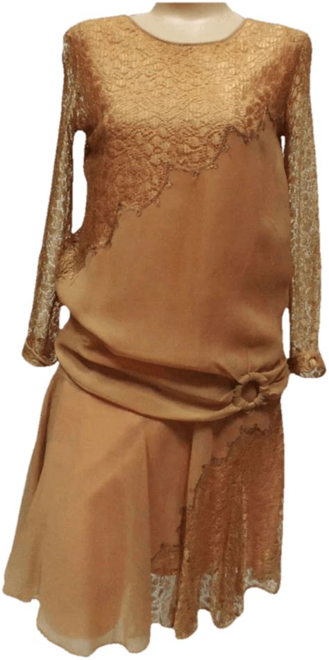 Vintage 20s Flapper Dress Nude Chiffon Lace Drop Waist Wedding | Shop