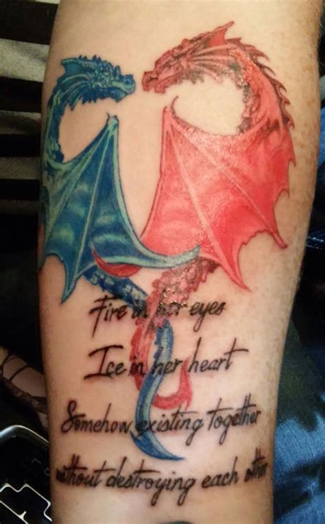 Fire & Ice dragons and quote Done by David at Skin Deep Tattoo in Texas | Heart tattoo, Tattoos ...