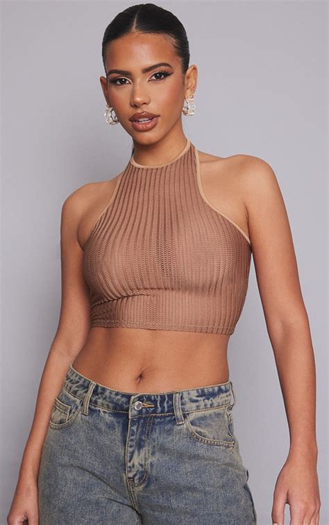 Chocolate Sheer Halter Crop Top | Tops | PrettyLittleThing IL