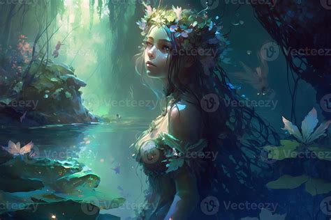 Beautiful young fairytale nymph girl in natural dress in sacred river