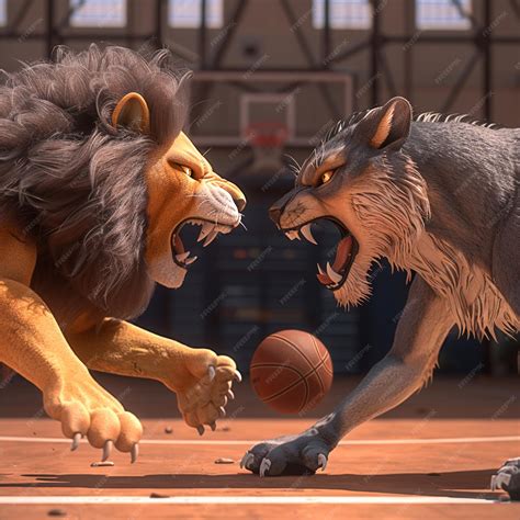 Lion and Wolf Battling on the Basketball Court Fierce Showdown