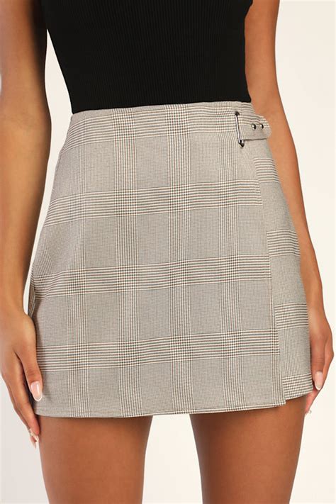 brown multi plaid skirt plaid mini skirt faux wrap skirt lulus
