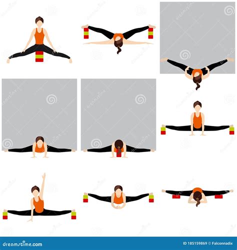 Middle Splits Yoga Asanas Set with Blocks and a Wall Stock Vector