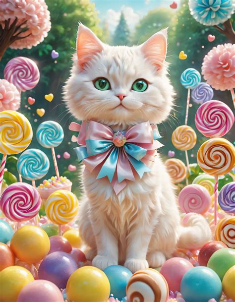 A close up of a cat sitting in a field of candy - SeaArt AI