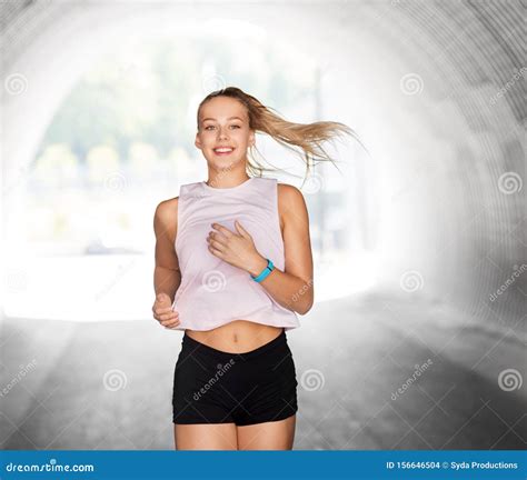 Happy Teenage Girl Running Outdoors Stock Photo - Image of loss ...