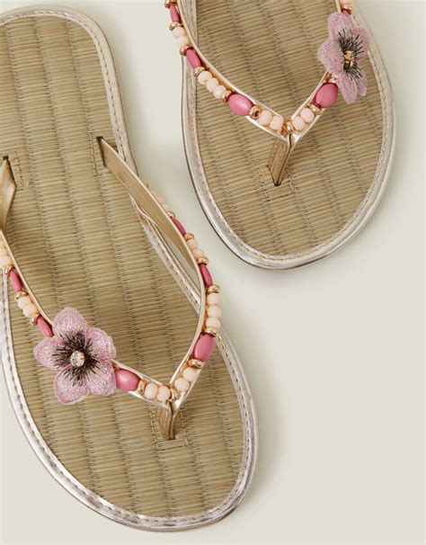 Flower Beaded Seagrass Flip Flops Gold | Sandals & Flip Flops ...