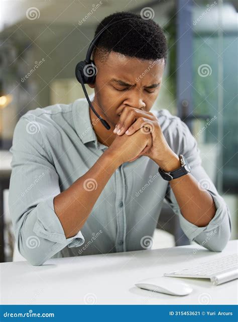 Customer Service, Call Center and Black Man with Stress for Burnout