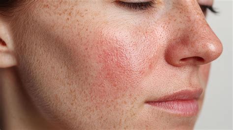 Close-up of a woman's face showing rosacea, a common skin condition