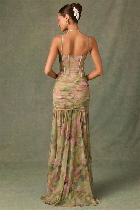Haruna Ruched Asymmetric Corset Gown in Floral Multi Print | Oh Polly