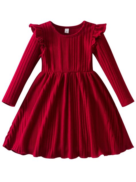 IWEMEK Long Sleeve Dress for Girls Pleated Round Neck Vintage Red