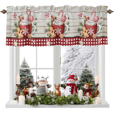 Christmas Coffee Valances for Windows, Xmas Gingerbread Man Holly