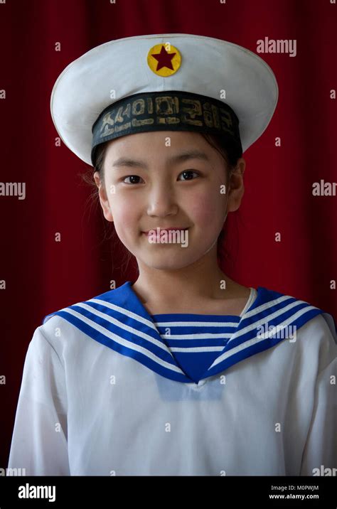 North Korean girl with a navy sailor uniform for a school show, Pyongan ...