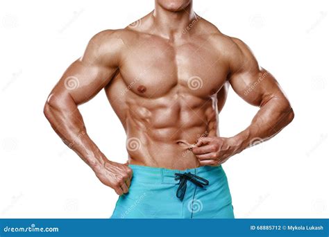 Athletic Man Showing Abdominal Muscles without Fat, Isolated Over White ...