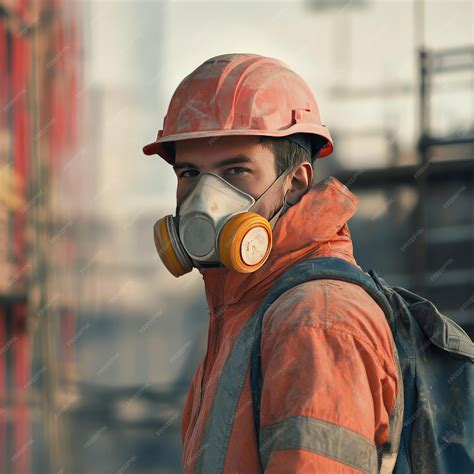 Construction worker wearing a respirator mask and hard hat looking at