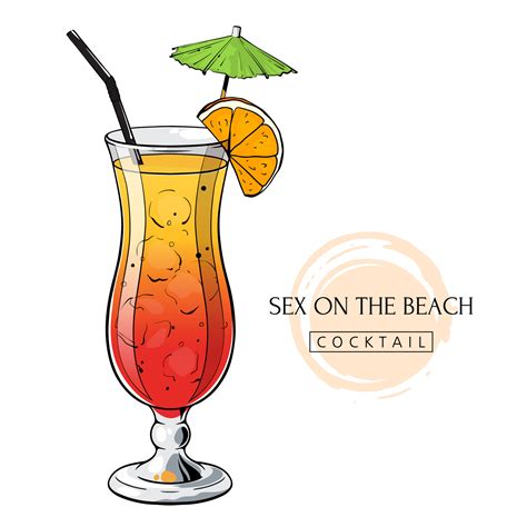 Cocktail Sex on the beach, hand drawn alcohol drink with orange slice