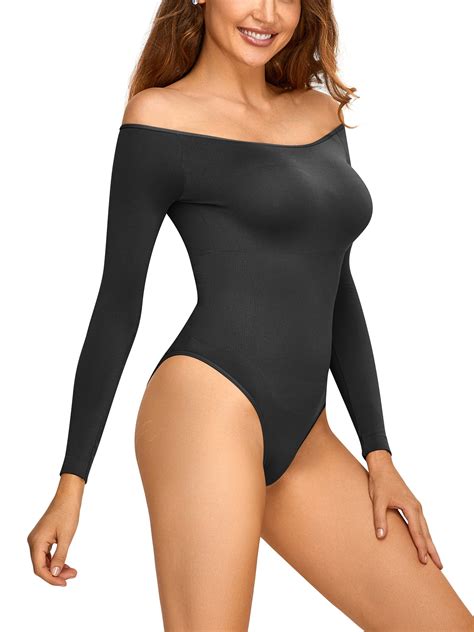 SHCKE Women Off the Shoulder Long Sleeve One Piece Bodysuit Top Leotard
