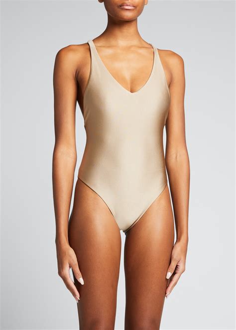 Jade Swim Mila Tank V-neck One-piece Swimsuit - Taupe Sheen | Editorialist