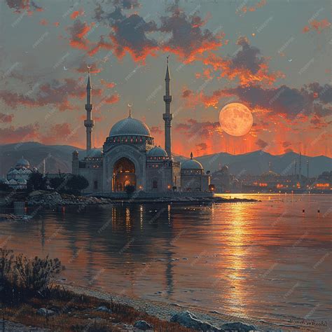 Premium Photo | Islamic crescent moon rising over a quiet mosque the