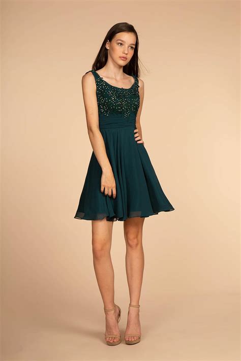 Mauve Embroiered Bodice Chiffon Short Dress - Formal Dresses & Gowns