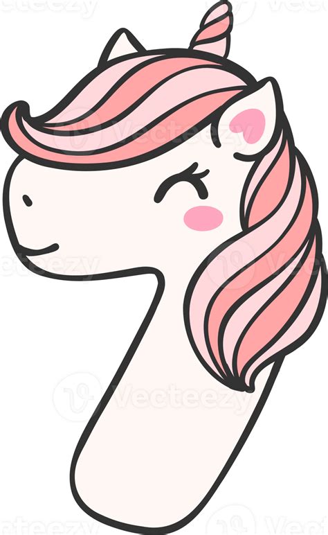 cute unicorn doodle number 7, seven is a pink kawaii cartoon ...