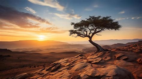 Premium AI Image | A tree on a hill at sunset