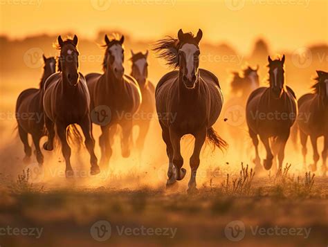 Herd of horses running in dusty meadow at sunset. Generative Ai ...