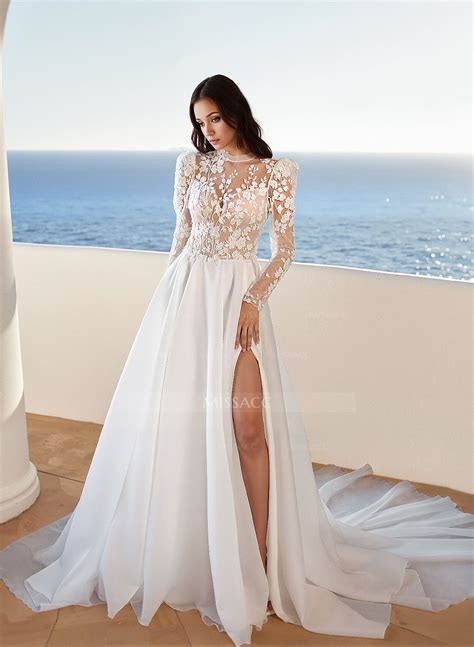 Lace Long Sleeves High Neck Wedding Dresses With Organza - Missacc