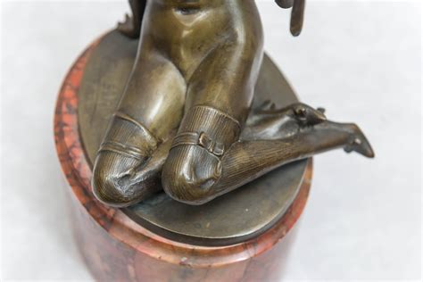 Art Deco Bronze Group of a Nude Woman Holding a Parrot, Red Marble Base