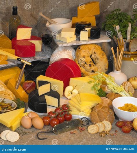 Display of English Cheese & Dairy Produce Stock Photo - Image of wine