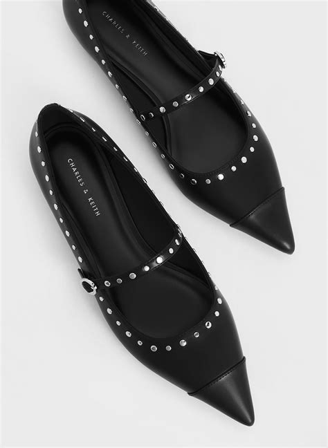 black studded pointed toe mary jane flats charles keith ar