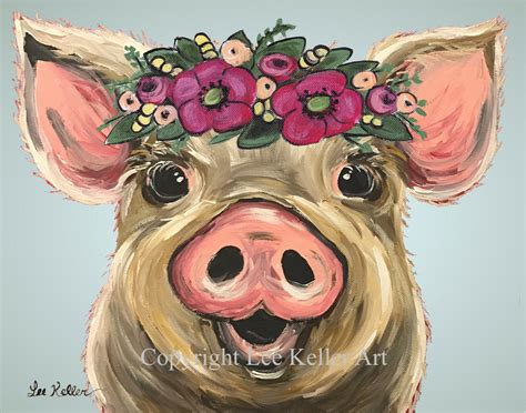 pig art pig decor cute pig  flowers print farmhouse pig etsy