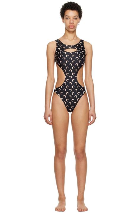 MARINE SERRE Printed One Piece Swimsuit - Black | Garmentory