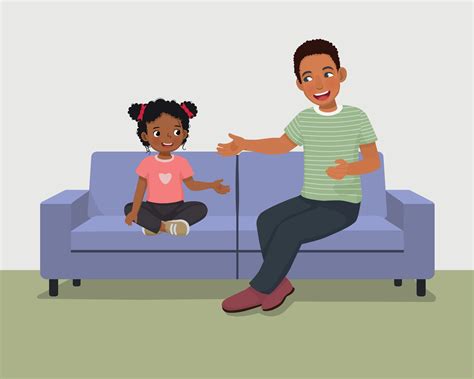 Young African father talking to his daughter sitting on sofa giving
