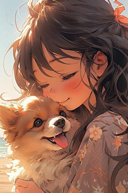 Premium Photo | Girl hugging a dog on the seashore anime illustration