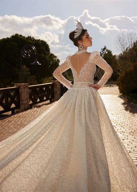 buy Romantic A-Line Gown With Illusion Long Sleeves with pearls and