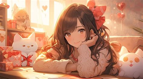 Premium Photo | Cute chibi LOFI anime manga girl valentines day hearts ...