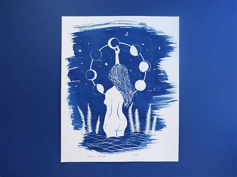 Cyanotype of a Naked Woman Under the Stars, Moon Print for Celestial