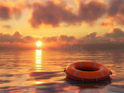 Safety Equipment, Sunset Sky, Life Buoy or Rescue Buoy Floating on Sea ...