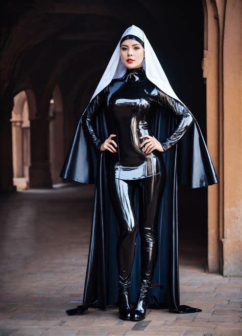 Lexica - Woman cosplaying glossy rubber nun outfit