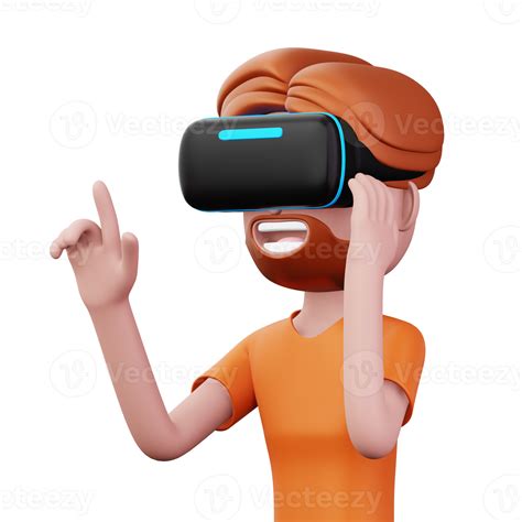 Happy man using virtual reality headset, Cute cartoon character with VR