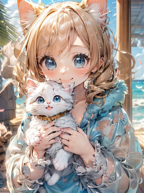 Anime girl with cat ears holding a kitten in her arms - SeaArt AI