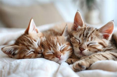 Three Little Kittens Sleeping in Bed with White Blankets, White Bedroom ...