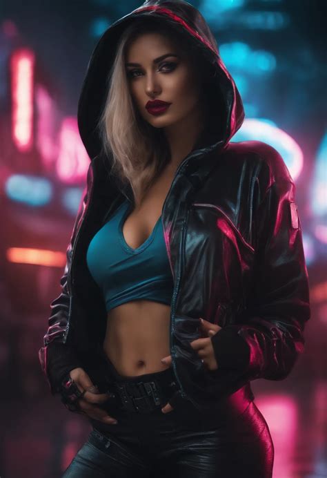 arafed image   woman   bikini   hoodie cyberpunk art