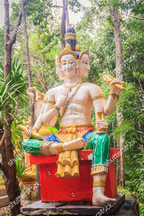 Brahma statue in the public forest temple. Brahma is a creator god in ...