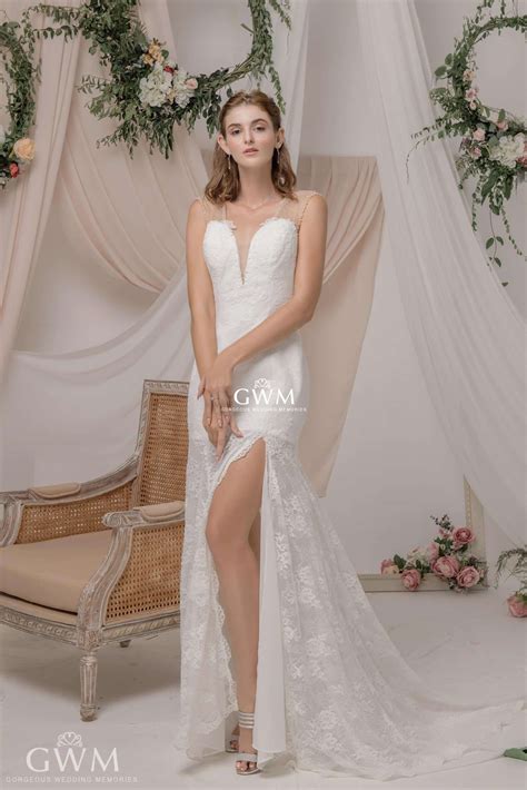 Deep Plunge Wedding Dress with Chantilly lace | GWM 1818 - Gorgeous